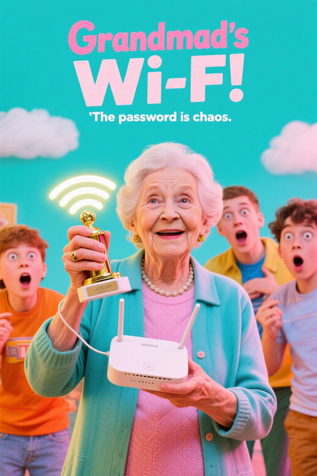 Title_ Grandma’s Wi-Fi Poster style_ Modern goofy comedy Visual elements_ Old la copy